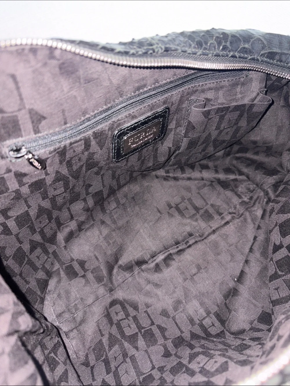 Furla Black Croc Embossed Leather Hobo Shoulder Bag